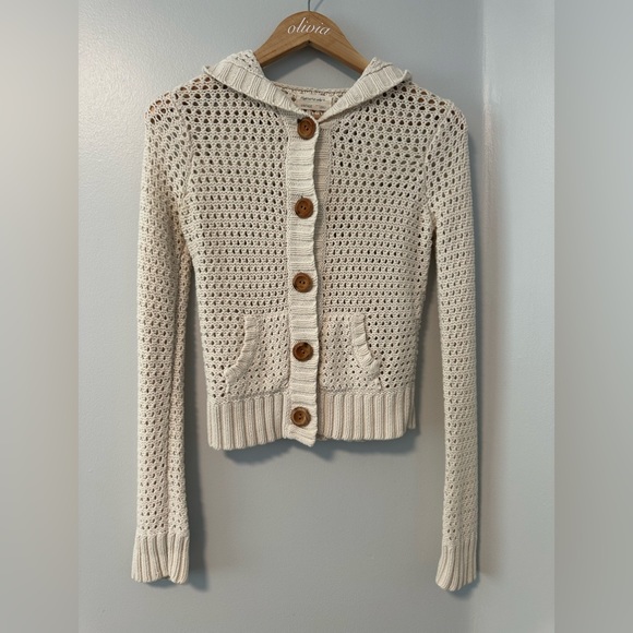 Abercrombie & Fitch Vintage Cream Knit Button Up Hooded Cardigan Womens Large - Picture 2 of 5
